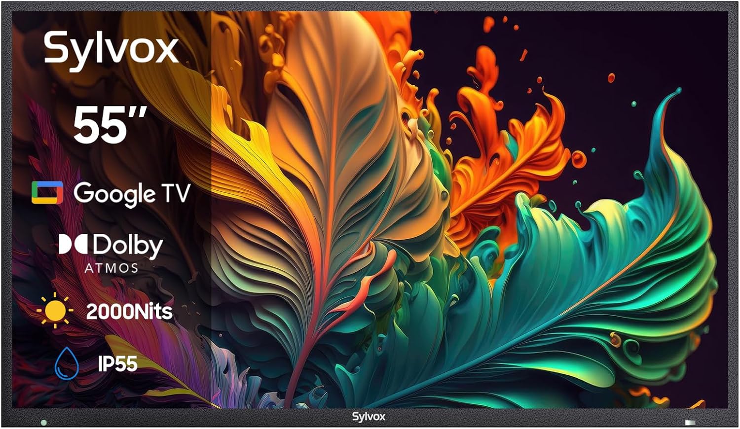 SYLVOX Full Sun Outdoor TV, 55'' QLED Smart TV, IP55 Waterproof, Dolby Vision HDR, Voice Remote,2000nits Weatherproof Television, Chromecast Built-in for Full Sun Area(Pool Pro QLED 2.0)