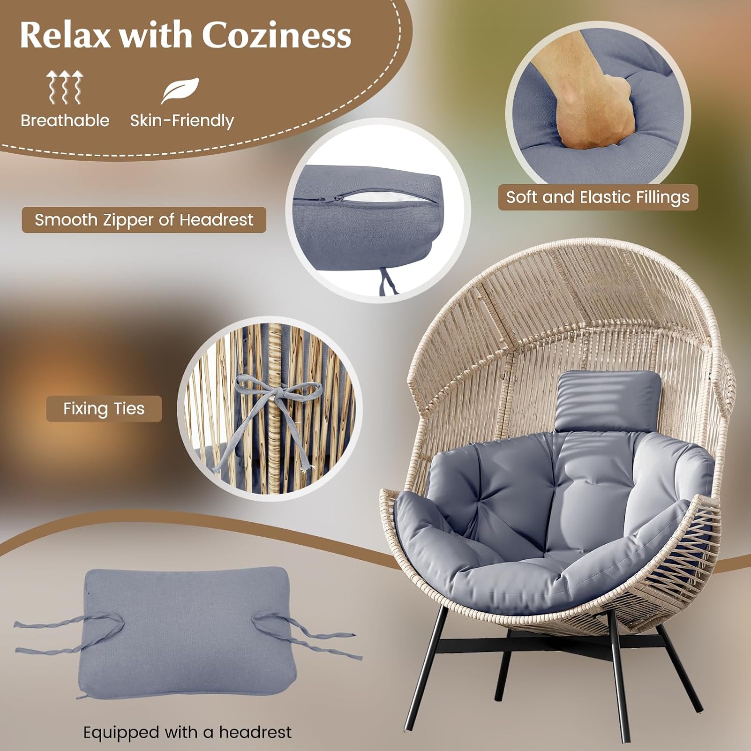 Tangkula Oversized Egg Style Chair, Wicker Stationary Patio Egg Chair w/Cushions & Headrest, Heavy-Duty Metal Frame, Patio Lounge Basket Sofa Chair for Yard, Porch, Living Room