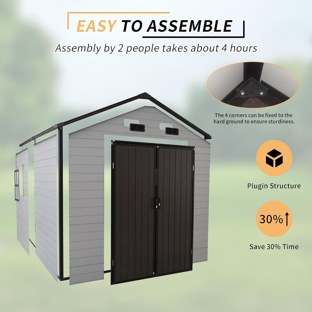 Outdoor Storage Shed, 8x8x7.6FT Plastic Storage Shed with 2 Windows and Strong Aluminum Frame for Garden Tools, Bike, Lawnmower, White and Brown
