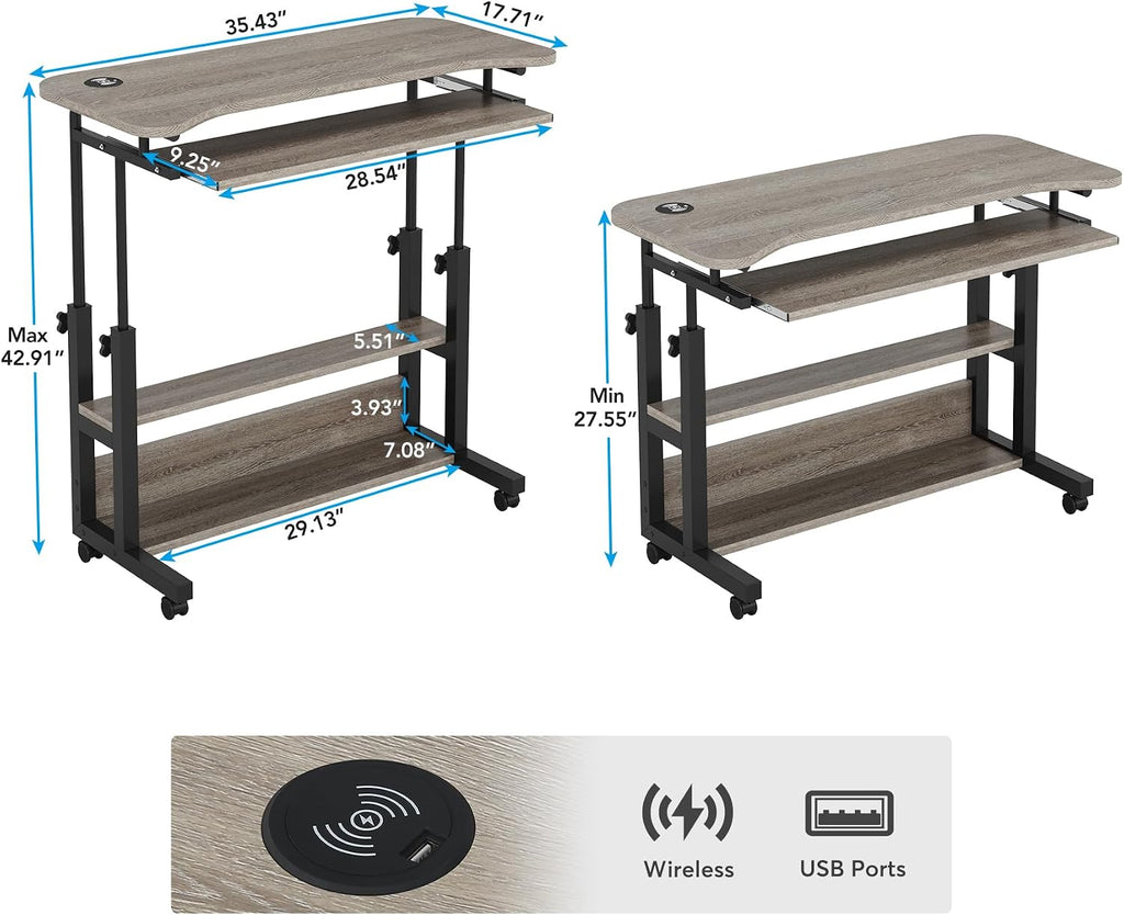 Tribesigns Portable Desk with Power Outlets, Height Adjustable Side Table Sofa Couch Bedside Laptop Computer Cart with USB Charging Ports, Mobile Small Standing Desk with Keyboard Tray