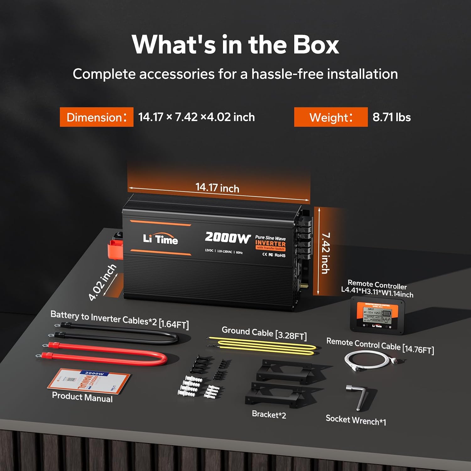 Litime 2000W Pure Sine Wave Power Inverter with ATS Transfer Switch, 12V DC to 120V AC Converter, 4000W Peak, Remote LCD Controller, USB & Type-C for RV, Truck, Home, Camping