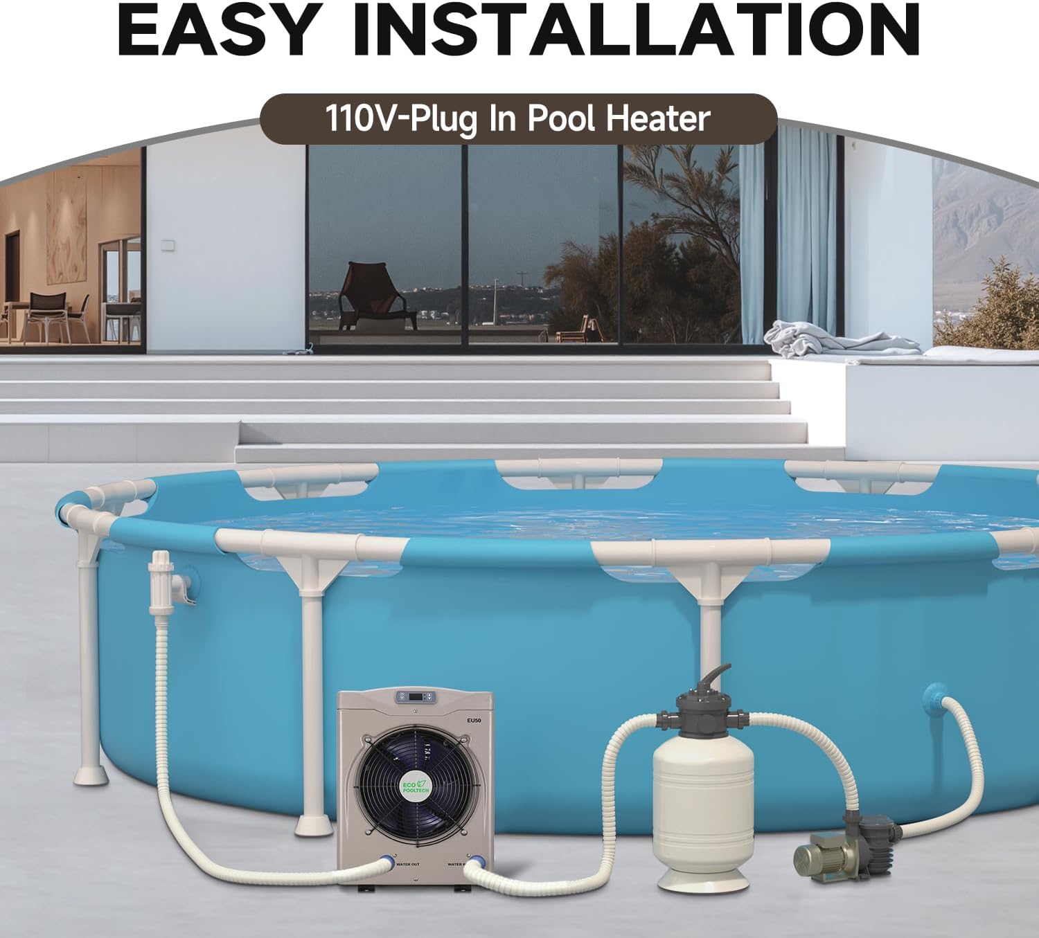 ECOPOOLTECH Swimming Pool Heat Pump, Electric Pool Heater for Above Ground Pool up to 5000 Gallons, Max 16184 BTU, 5.62 COP, Titanium Heat Exchanger, 110V-120V, EU50