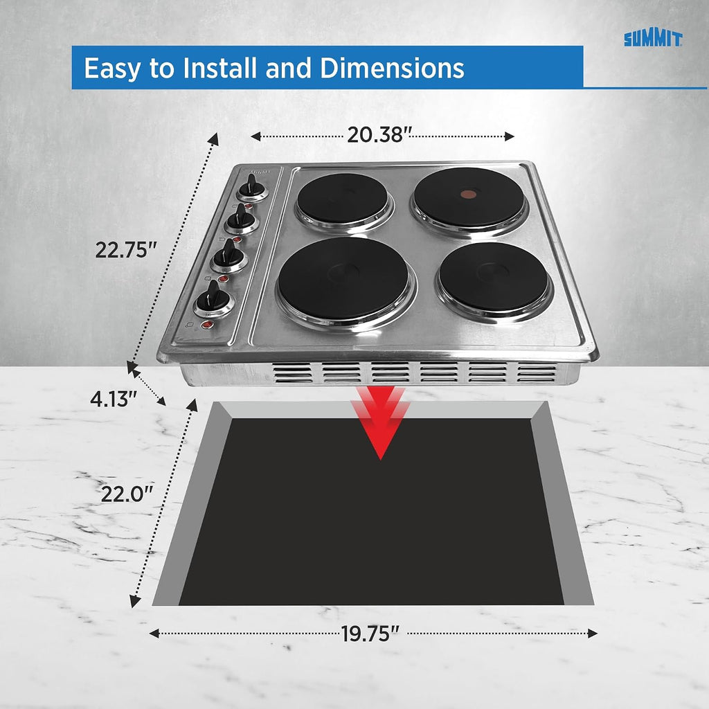 Summit 24' Electric Cooktop, 4 Burners, 230V Solid Disk Cooktop, Stainless Steel and Black- CSD4B24