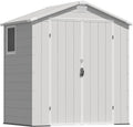 Greesum 6x4FT Plastic Outdoor Storage Shed with Floor, Resin Sheds with Lockable Double Door, Tool Sheds with Window and Vents, for Garden, Patio, Backyard, Light Gray