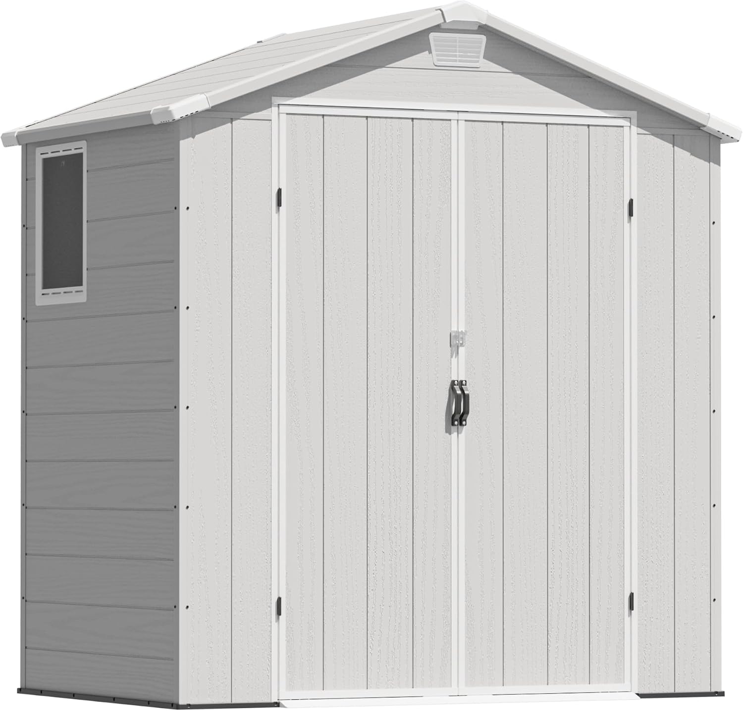 Greesum 6x4FT Plastic Outdoor Storage Shed with Floor, Resin Sheds with Lockable Double Door, Tool Sheds with Window and Vents, for Garden, Patio, Backyard, Light Gray