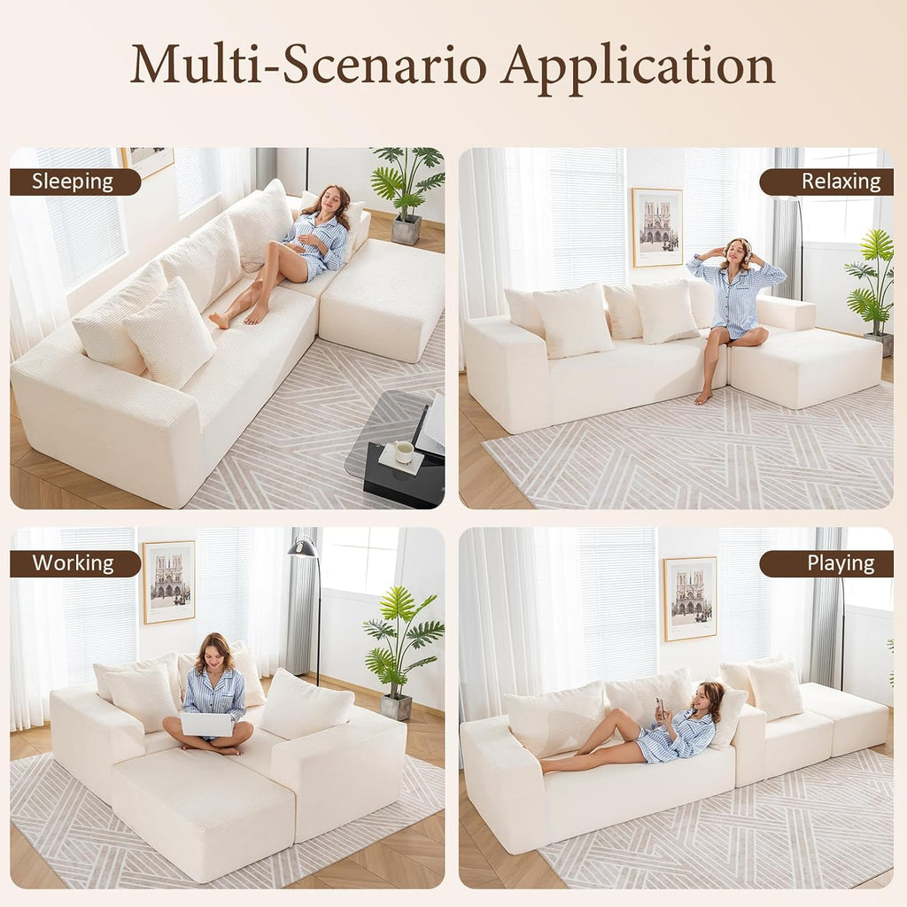 INGEROOM 108' Cloud Sectional Couch with L-Shape Chaise, Modular Sofa Memory Foam, Boneless Sofa with Movable Ottoman, Upholstered Couches for Living Room Bedroom, No Assembly Required, Beige