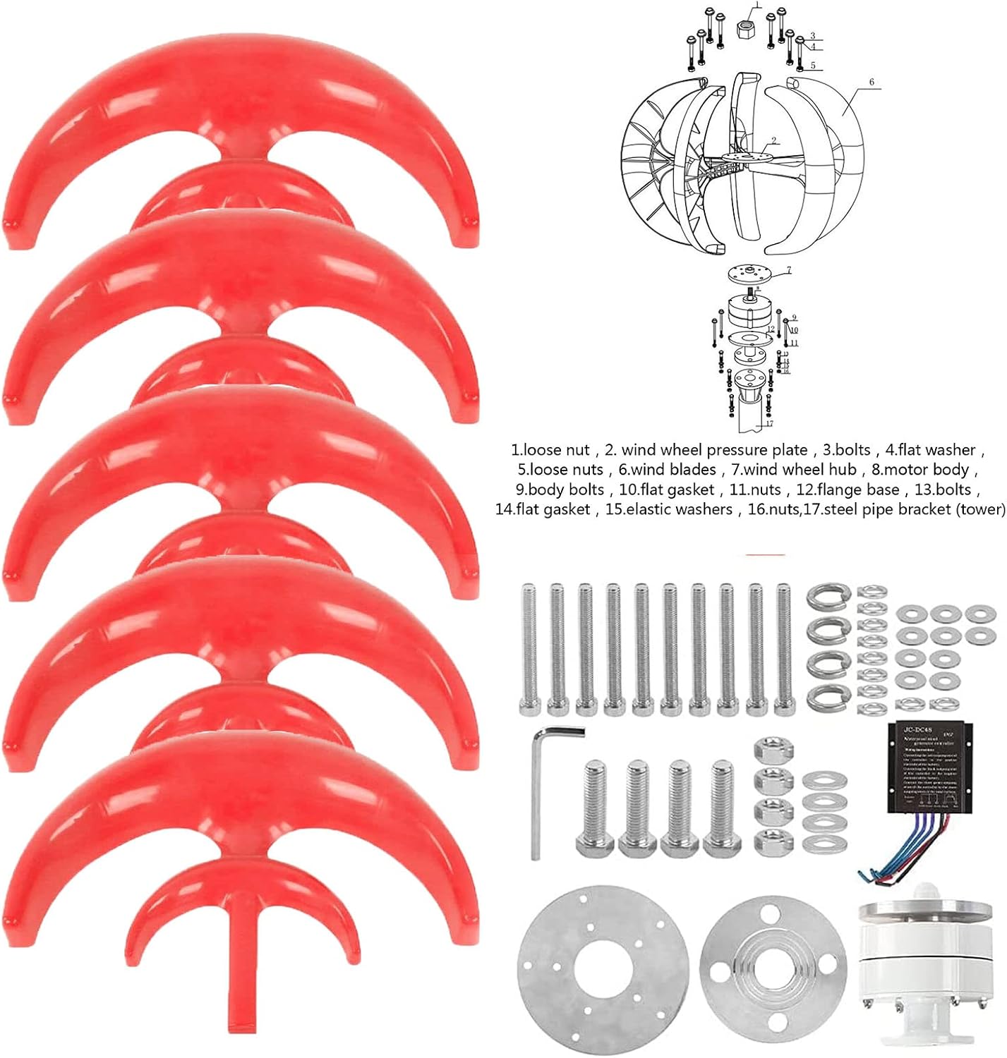 12V 24V 48V White 5 Blades Vertical Wind Turbine Generator+3000W Permanent Magnet Lantern Vertical Wind Turbine Kit with Controller for Home(Red)
