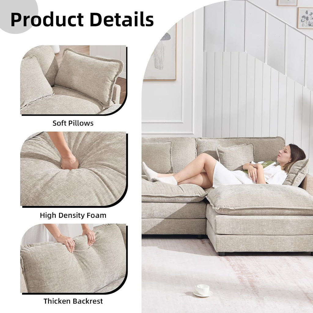 GNIXUU 111.5' Chenille Cloud Couch with Movable Ottoman, Comfy Modular Sectional Sofa, Deep Seat, L Shaped Sectional Couches for Living Room, Apartment, Office(Camel)