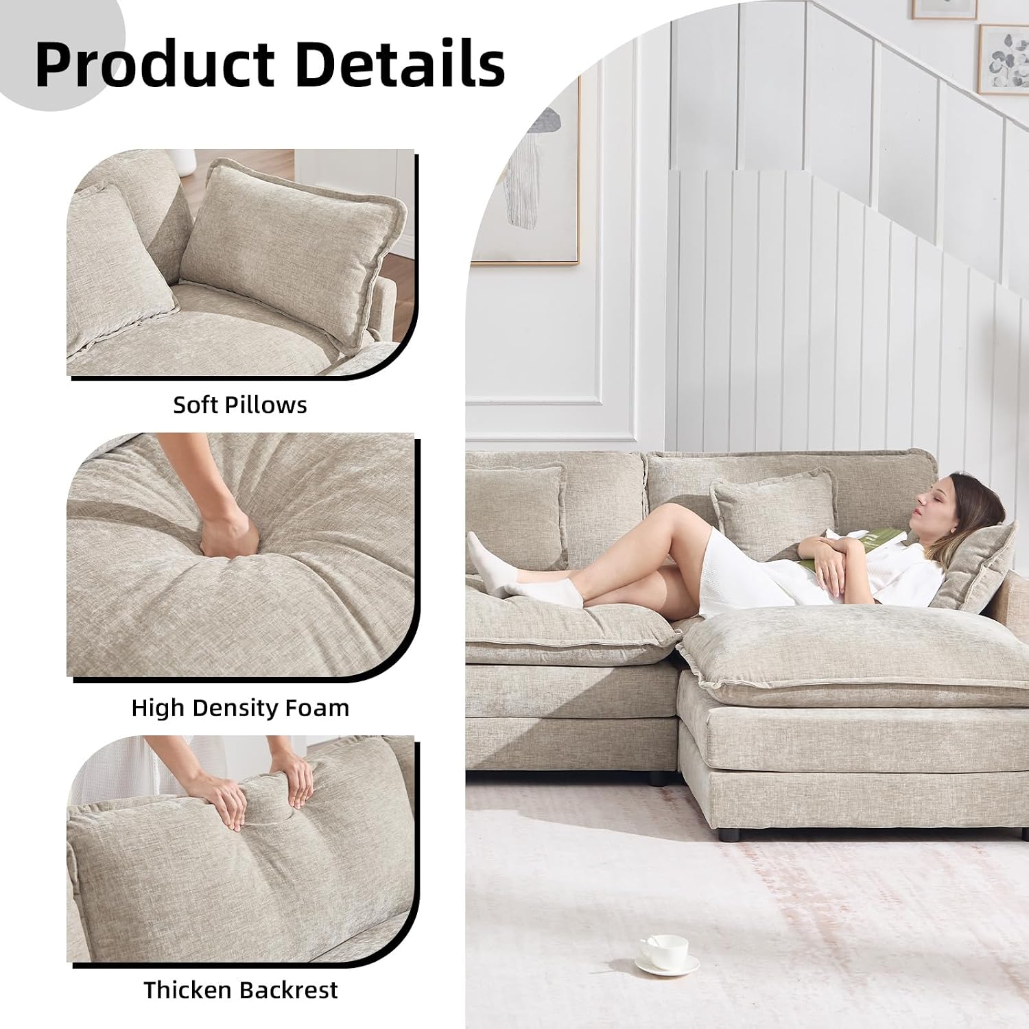 GNIXUU 111.5' Chenille Cloud Couch with Movable Ottoman, Comfy Modular Sectional Sofa, Deep Seat, L Shaped Sectional Couches for Living Room, Apartment, Office(Camel)