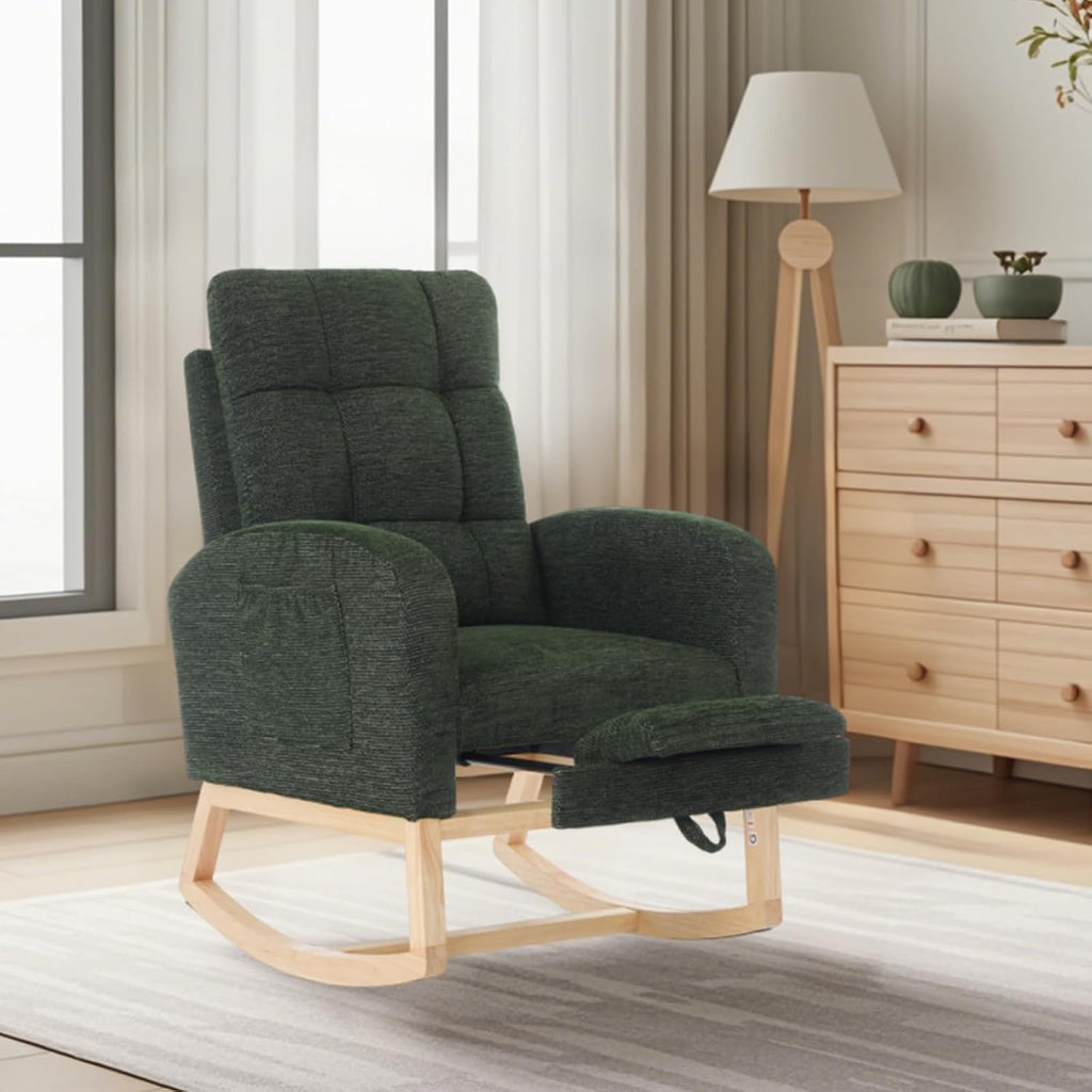 Rosevera Nursery Rocking Chair with Adjustable Footrest for Living Room - Teddy Fabric, Solid Wooden Legs, Comfortable Lounge Armchair with High Backrest and Side Pockets (Modern, Dark Green)