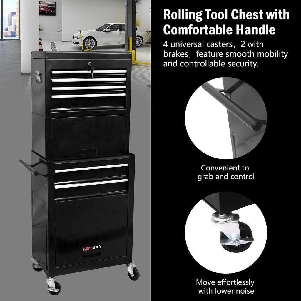 6-Drawer Tool Chest, 3-in-1 Rolling Tool Box with Detachable Top Toolbox & Key Lock,Tool Cabinet with Protective Liner & Universal Lockable Wheels,Metal Storage Cart for Garage,Workshop (Black)