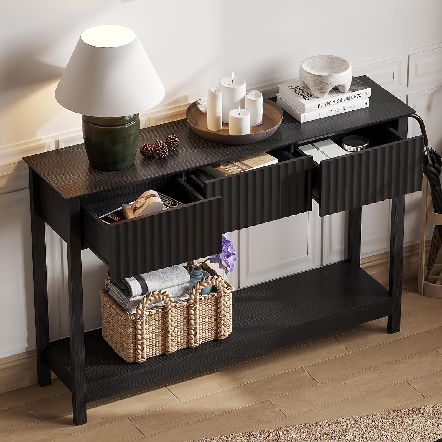 Treocho 47' Fluted Console Table with 3 Drawers, Narrow Long Entryway Table with Storage and Shelf, 2-Tier Sofa Table Behind Couch Accent Tables for Entrance Foyer, Hallway, Living Room, Black