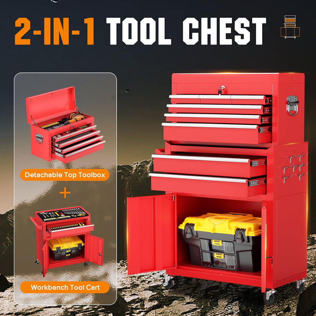 Crownland 8-Drawer Rolling Tool Chest with Wheels, Lockable 2 in 1 Detachable Tool Cabinet wit Drawers and Black Liners, Garage Top Toolbox & Bottom Storage Cart with Side Hooks(Red)