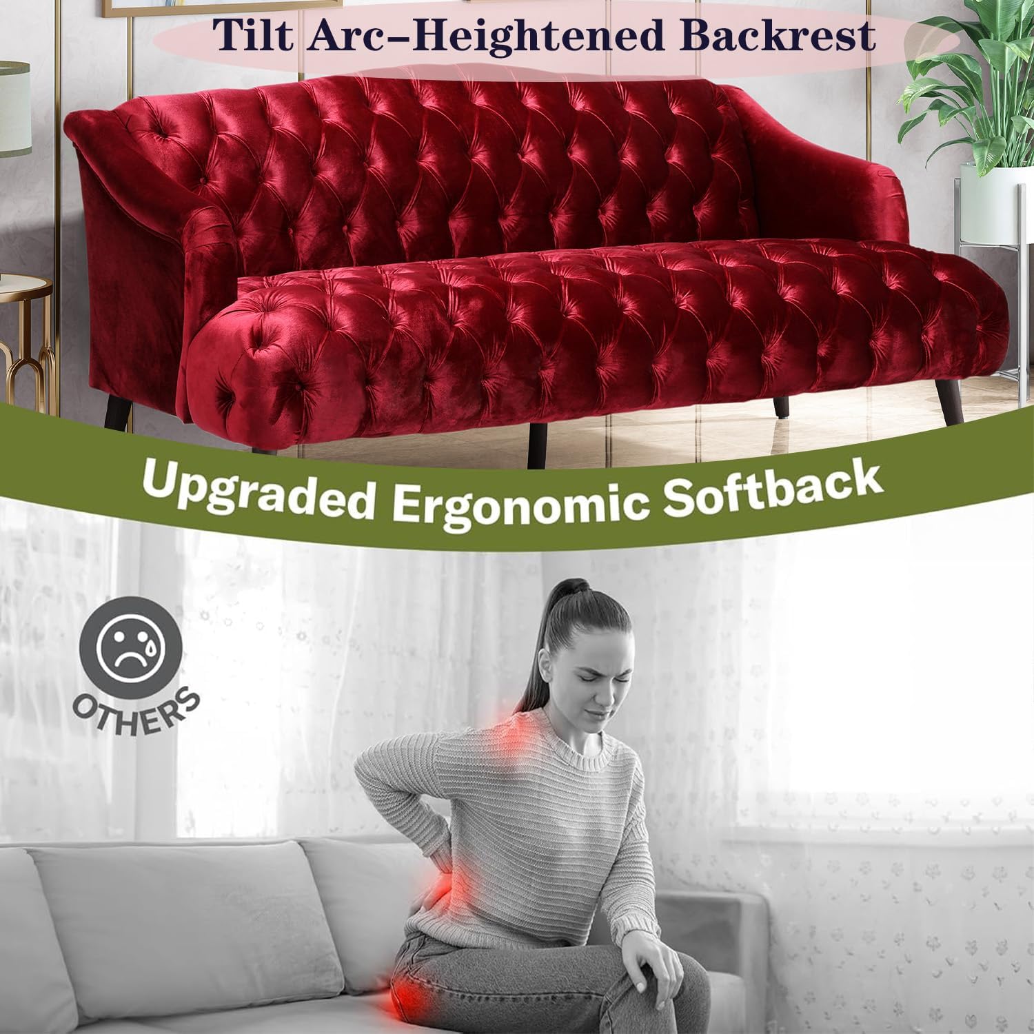 Wine Red Modern Velvet Loveseat Sofa Couch, 73' Mid - Century Tufted Upholstered Small Love Seat Couch, Curved High Back 3-Seats Couches for Compact Space, Living Room, Apartment (Wine Red)