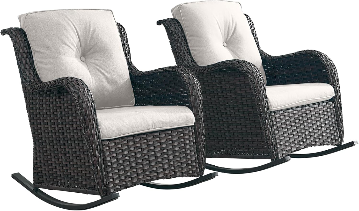 Rilyson Patio Chairs Outdoor Rocking Chair - 2 Piece Wicker Rattan Rocker Chairs Set with High Back and Deep Seating for Porch Deck Garden Backyard(Brown/Beige)