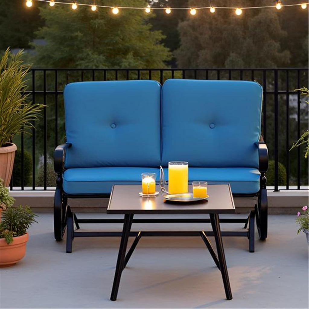 SUNCROWN Outdoor Swing Glider Chair, Patio 2 Seats Loveseat Rocking Chair with Cushions, Steel Frame Furniture - Peacock Blue