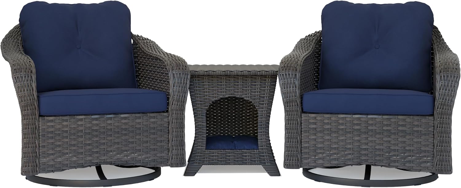 Wicker Swivel Rocking Chairs Set 2 with Storage Side Table - Outdoor Brown Wicker Swivel Glider Chair Outdoor Rocking Chair with Water-Resistant Cushions, Blue