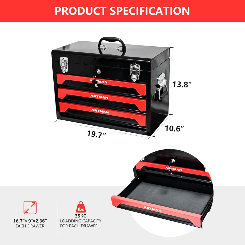 3 Drawers Metal Tool Box, 19' Heavy Duty Steel Tool Chest w/Key Lock & Handle, Multi-Function Top Storage Tray Toolbox w/Powder Coating & Ball Bearing Slides for Garage & Workshop(Black+Red)