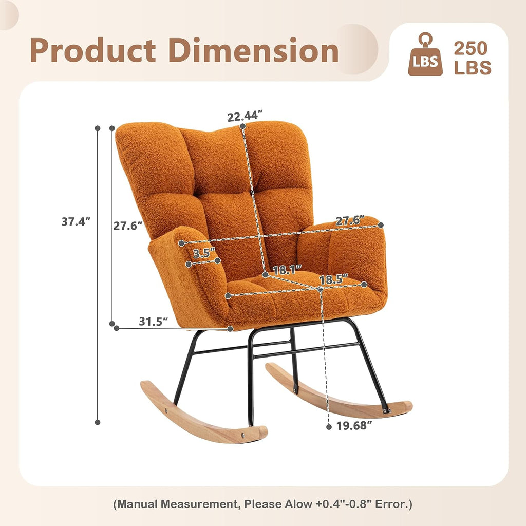 Setawix Teddy Rocking Chair with High Back,Leisure Rocking Armchair for Nursery,Mid Century Modern Rocker Glider Arm Chair for Living Room,Adults,Kids,Tufted with Solid Wood Legs