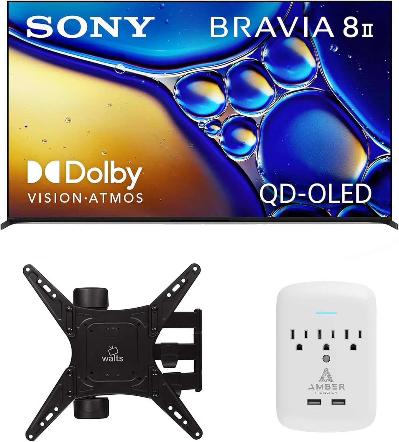 SONY K55XR80M2 55 Inch Bravia 8 QD-OLED 4K HDR Google TV with a Walts Medium Full Motion Mount for 32'-65' TVs and Amber Protection 3-Outlet-Surge Surge Protector (2025)
