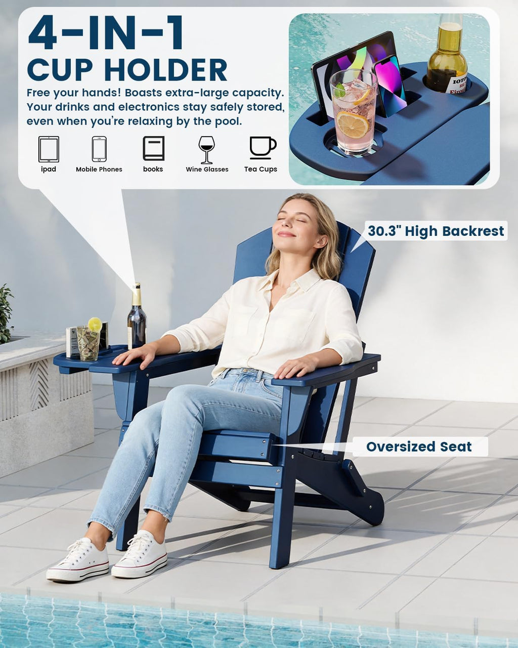 FOOWIN Folding Adirondack Chair Set of 2, HDPE Adirondack Chairs with Cup Holder, Weather Resistant Plastic Fire Pit Chairs for Outdoor, Patio, Lawn, Garden, Backyard, Deck, Dark Blue