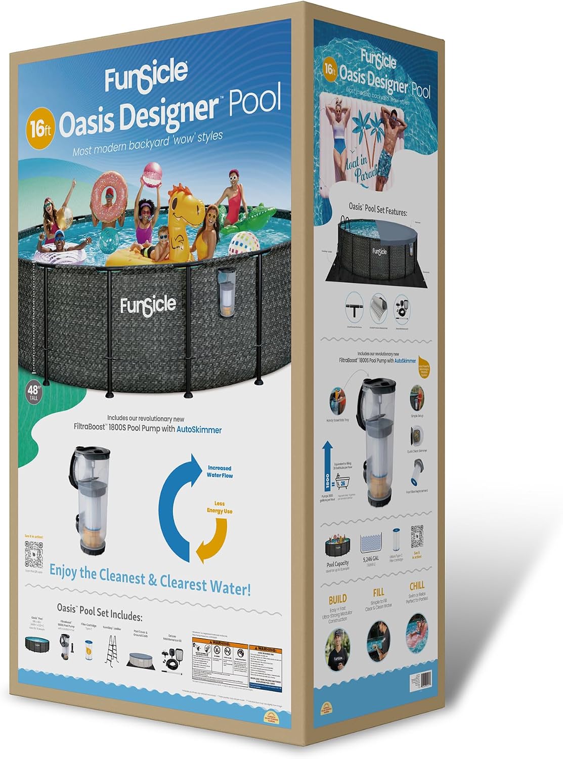 Funsicle Oasis Designer 16' x 48' Round Above Ground Swimming Pool, With FiltraBoost 1800 GPH Filter Pump With AutoSkimmer, Pump, Ladder, Deluxe Maintenance Kit, Cover & Ground Cloth, Dark Herringbone