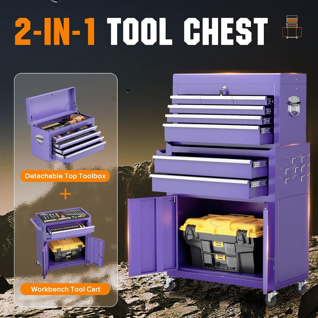 Crownland 8-Drawer Rolling Tool Chest with Wheels, Lockable 2 in 1 Detachable Tool Cabinet wit Drawers and Side Hooks, Garage Top Toolbox & Bottom Storage Cart(Purple)