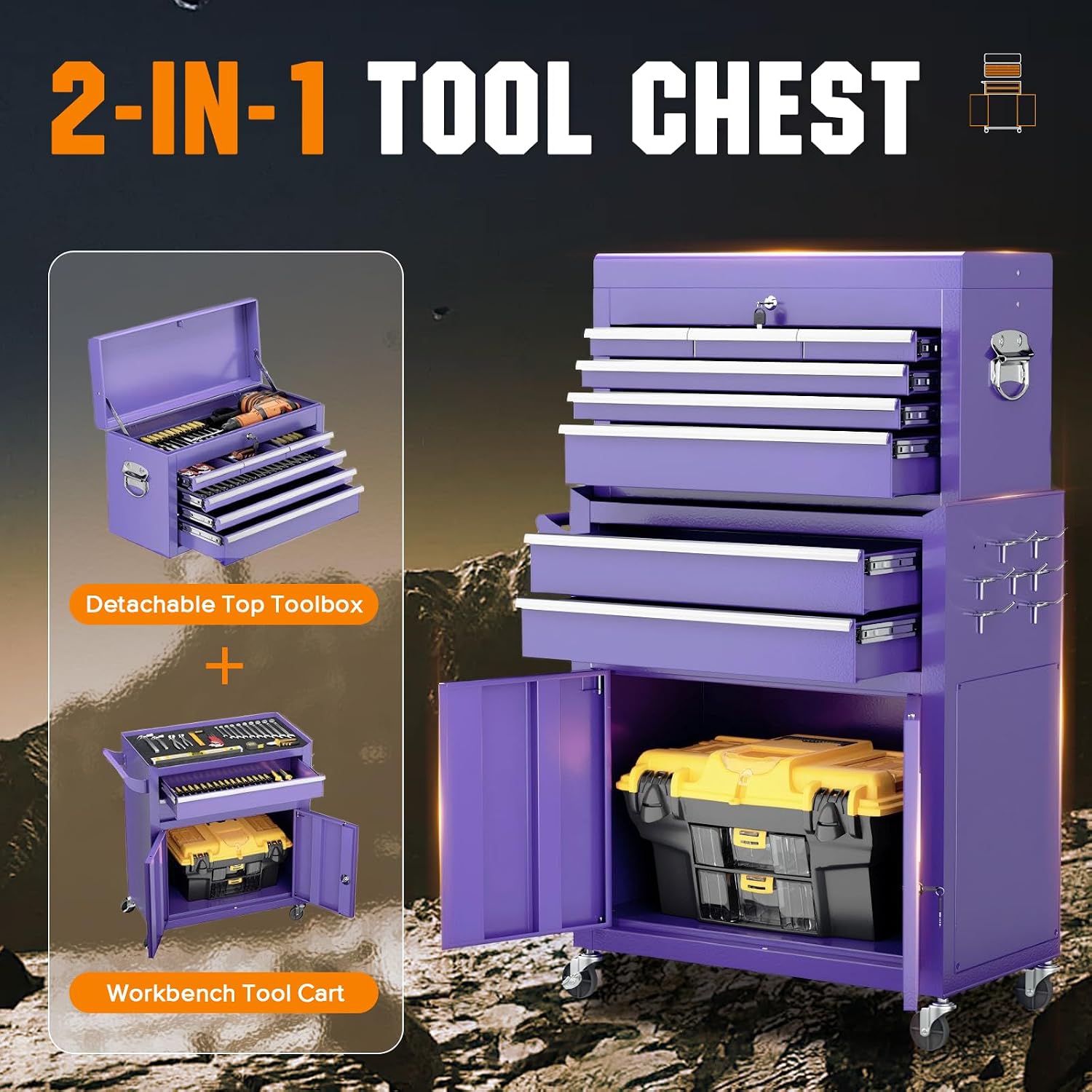 Crownland 8-Drawer Rolling Tool Chest with Wheels, Lockable 2 in 1 Detachable Tool Cabinet wit Drawers and Side Hooks, Garage Top Toolbox & Bottom Storage Cart(Purple)