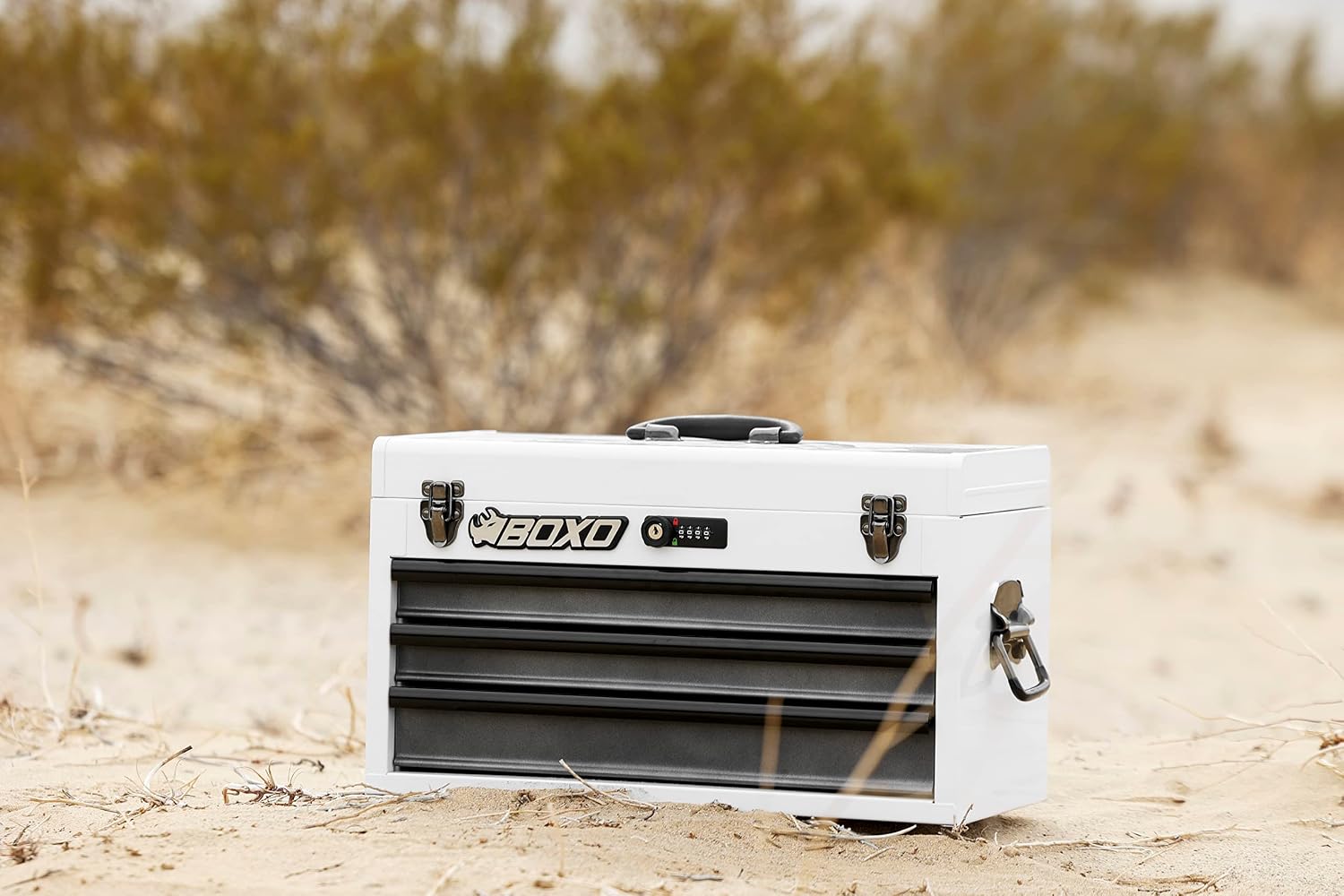 Boxo USA Hand Carry Tool Box 3-Drawer Heavy Duty Steel Toolbox with Lock System (White)