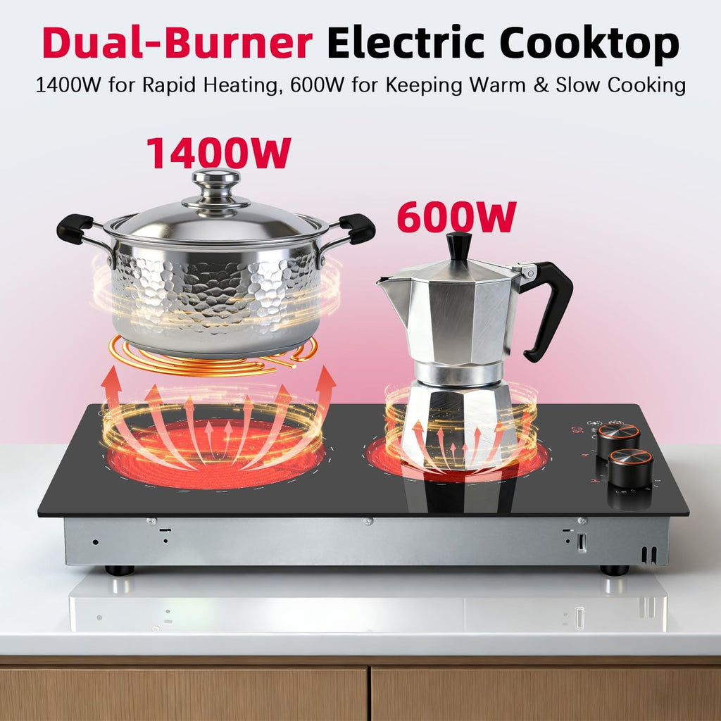 2 Burner Electric Cooktop 110v Hobsir, 2000W Electric Stove Top Burner 12 Inch, 9 Power Levels, Knob & Touch Control, Plug in Cooktop 120v, 99 Mins Timer, Safety Lock, Automatic shutdown