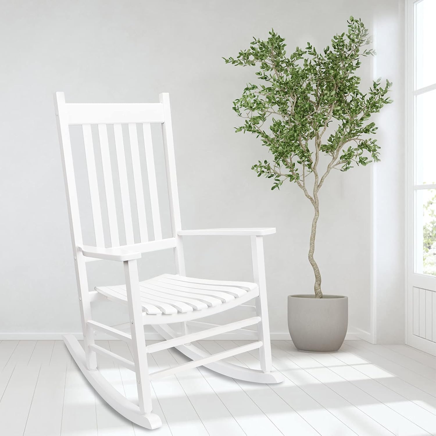 Rocking Chair Wooden Frame Chair Indoor and Outdoor Fade Resistant Rocker with 350lbs Weight Capacity All Weather Porch Rocker for Garden Lawn Balcony Backyard and Patio Porch (1, White)