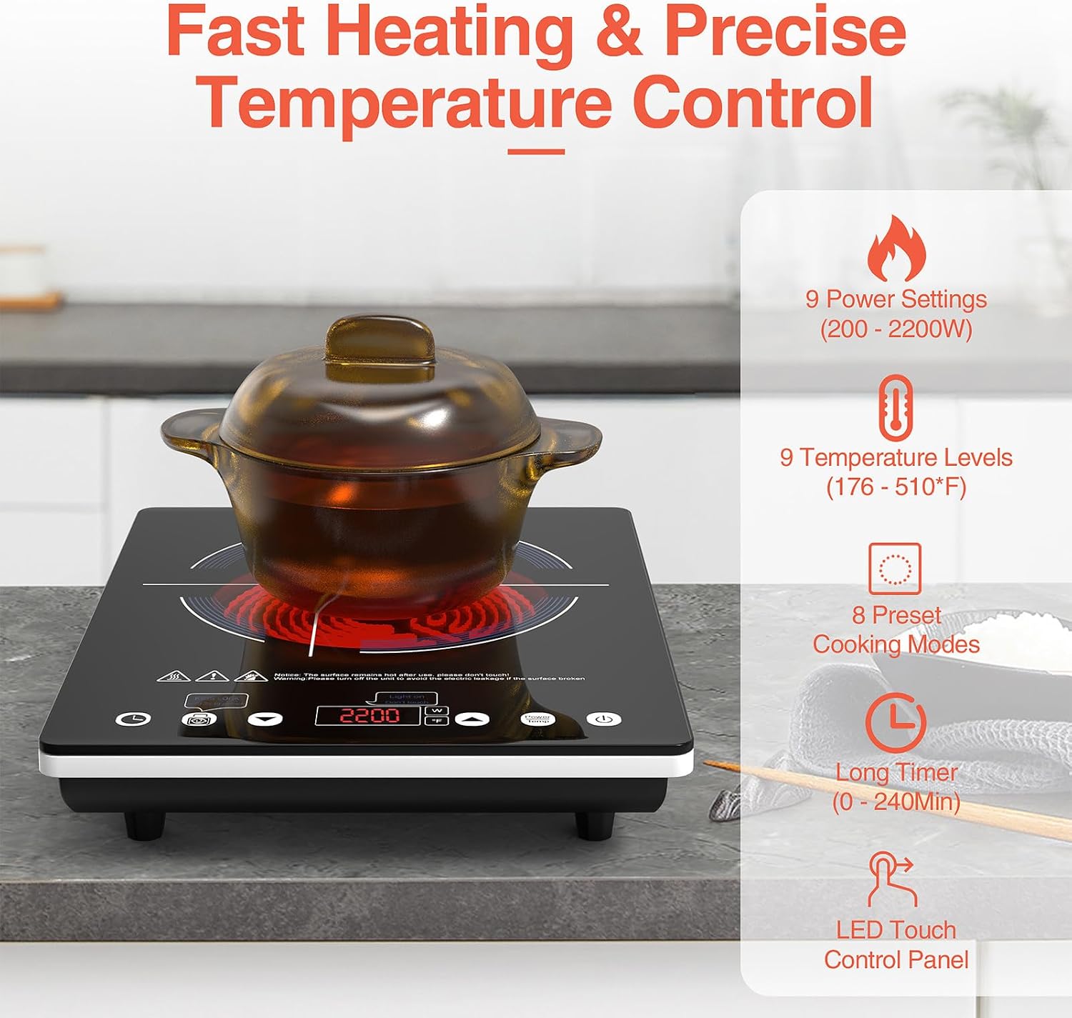 2200w Ceramic Hob, 9 Power Levels Electric Cooktop, Portable Induction Cooktop, Hot Plate With Slide And Touch Control, 8 Preset Cooking Modes, 4-hours Timer, Safety Lock And Overheat Protection
