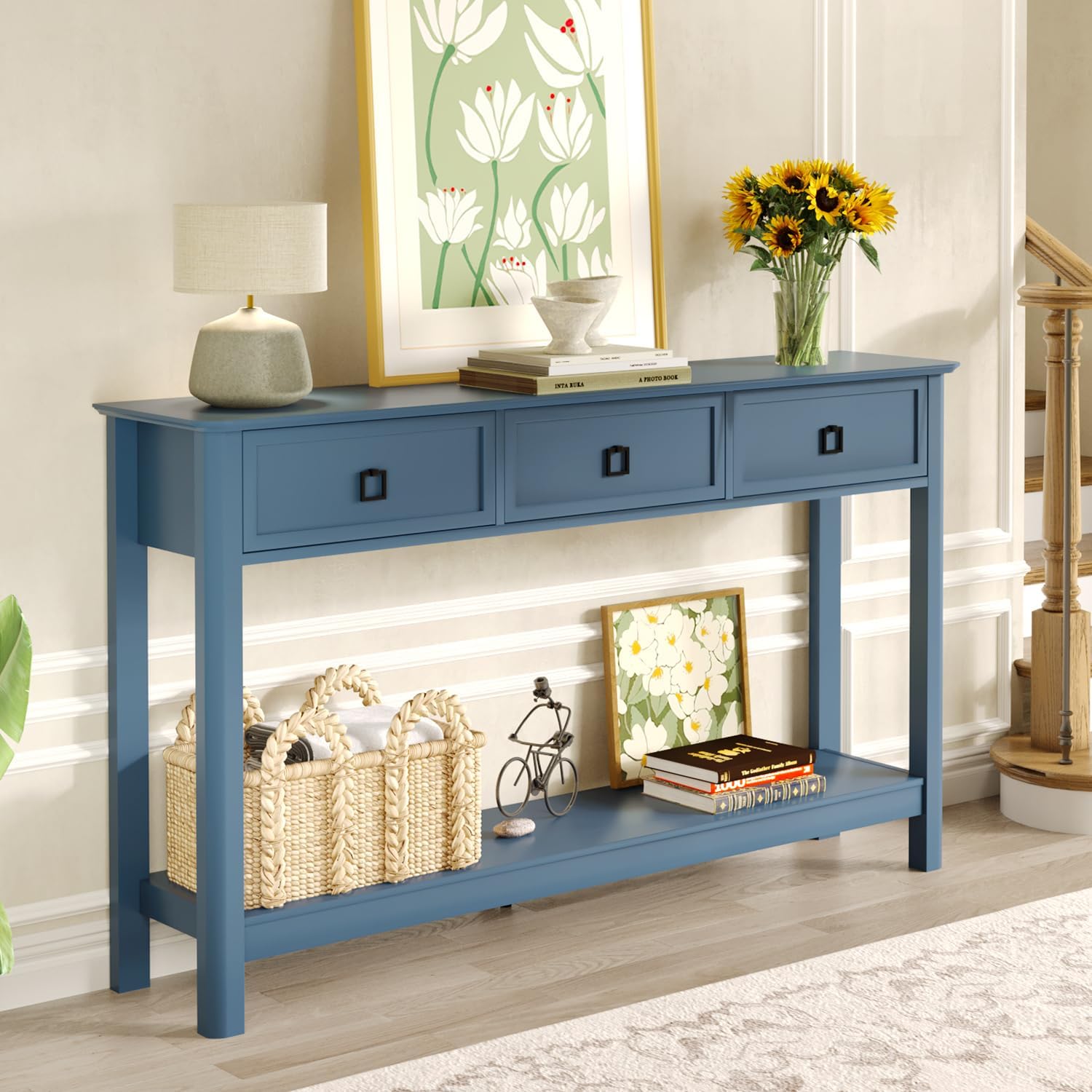 Treocho 53.1' Console Table with 3 Drawers, Modern Entryway Table, 2-Tier Narrow Long Sofa Table Behind Couch Table for Living Room, Hallway, Blue