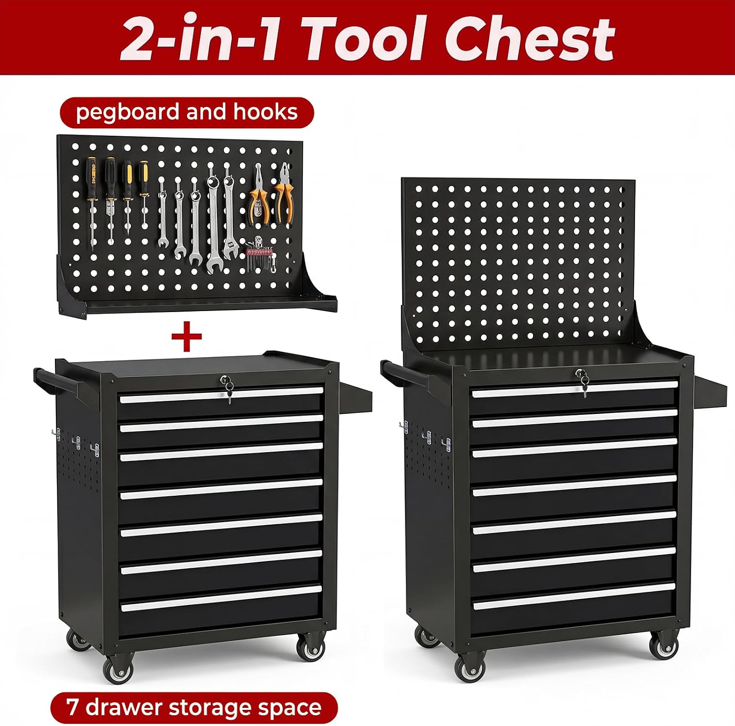 7-Drawer Tool Chest on Wheels, Rolling Metal Toolbox with Wheels & Drawers, Tool Cart Cabinet, Suitable for Garage, Moving/Gift/Daily Use