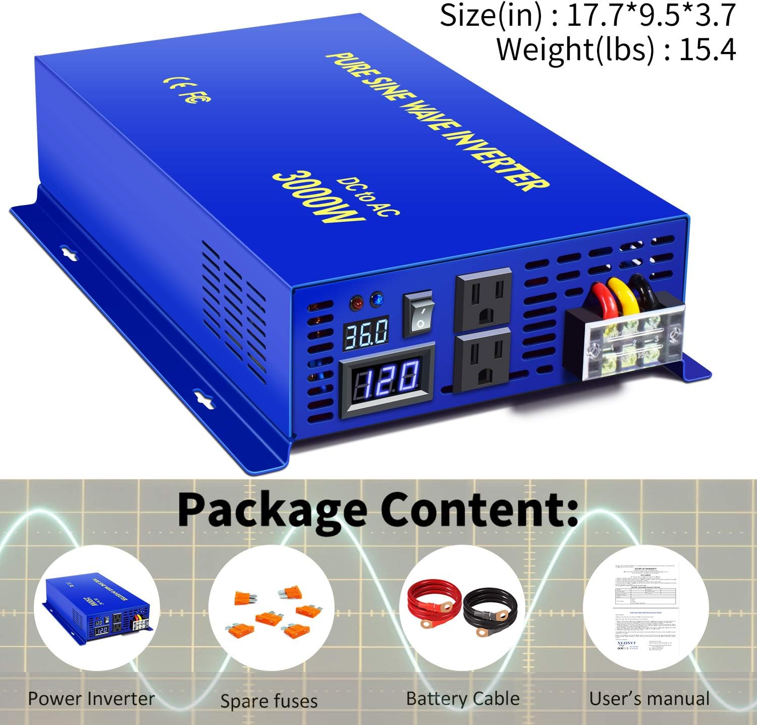 3000W Pure Sine Wave Inverter - 36V DC to AC 120V 110V Power Inverter Surge 6000w, Power Converter for Car Solar System, Off Grid Power System. (3000W36V)