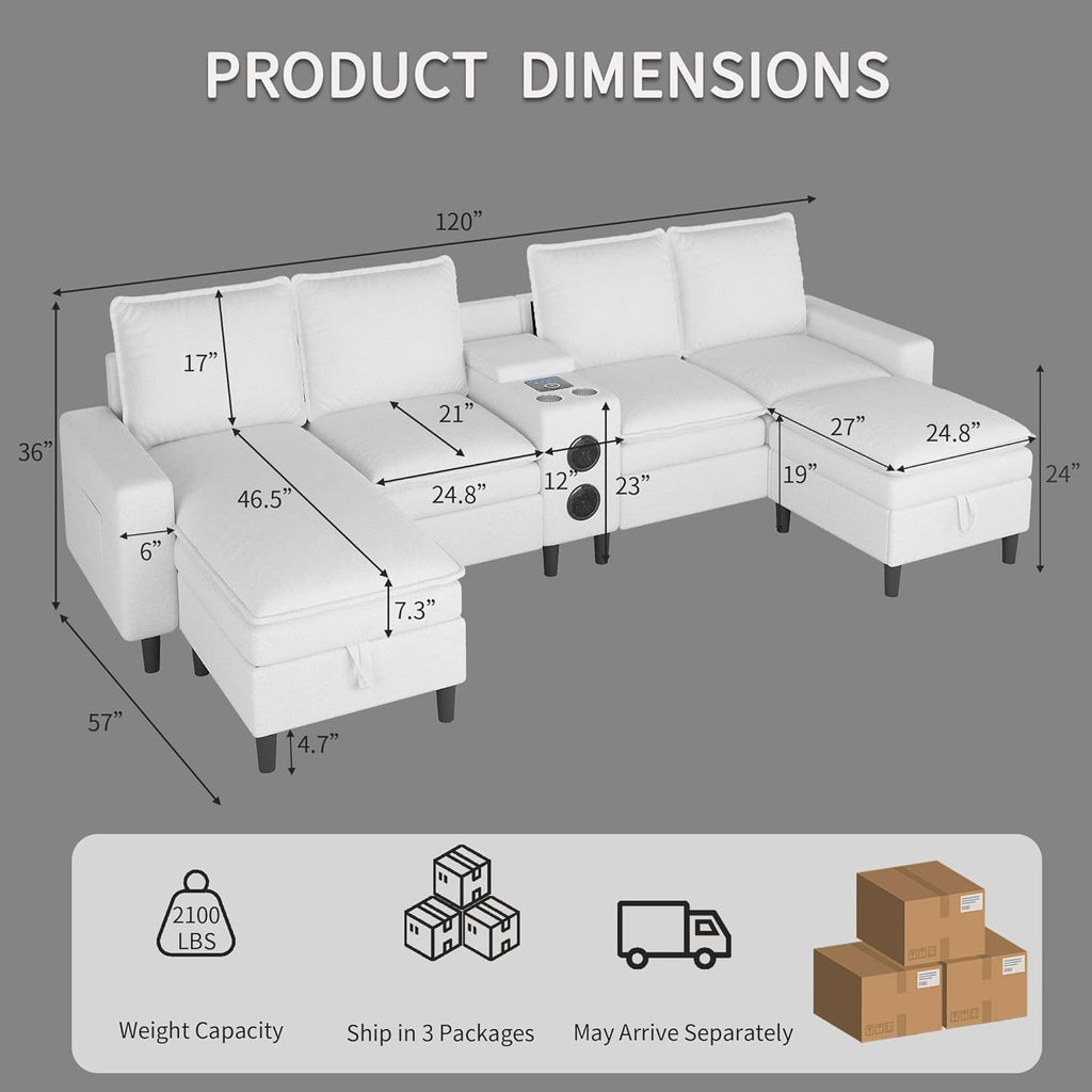 Sectional Couches for Living Room, 4 Seat Sectional Sofa with Smart Module-Bluetooth Speaker/RGB Light/Charging Station, Teddy Fleece U Shaped Cloud Couch with Storage Ottoman (White)