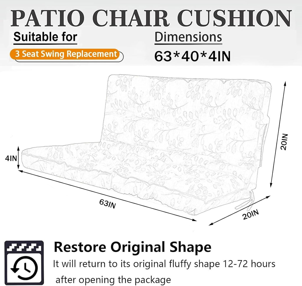 Waterproof Porch Swing Cushion Replacement, 2–3 Seat Swing Seat Cushion with Backrest & Ties, Thick Outdoor Bench Cushion for Patio Garden Porch (Clover, 40 x 63in)