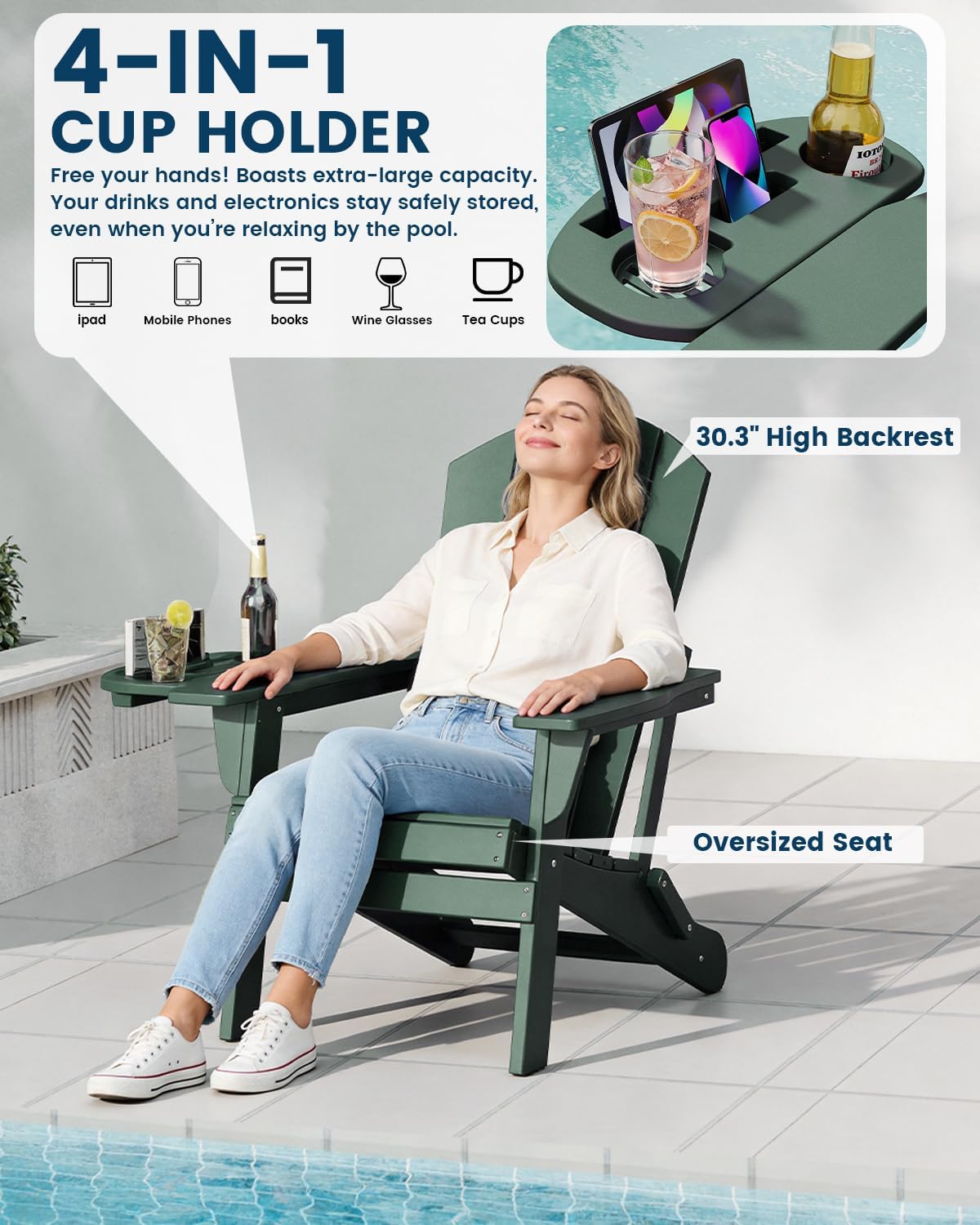 FOOWIN Folding Adirondack Chair Set of 2, HDPE Adirondack Chairs with Cup Holder, Weather Resistant Plastic Fire Pit Chairs for Outdoor, Patio, Lawn, Garden, Backyard, Deck, Green