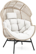 Tangkula Oversized Egg Style Chair, Wicker Stationary Patio Egg Chair w/Cushions & Headrest, Heavy-Duty Metal Frame, Patio Lounge Basket Sofa Chair for Yard, Porch, Living Room (Off White)