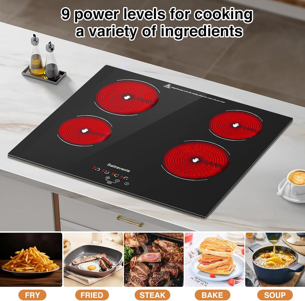 Electric Cooktop 24 Inch 4 Burners Built-in Electric Stove Top with Sensor Touch Control Child Safety Lock 9 Heating Power Settings, 6800 High Power, 220-240v Hard Wired