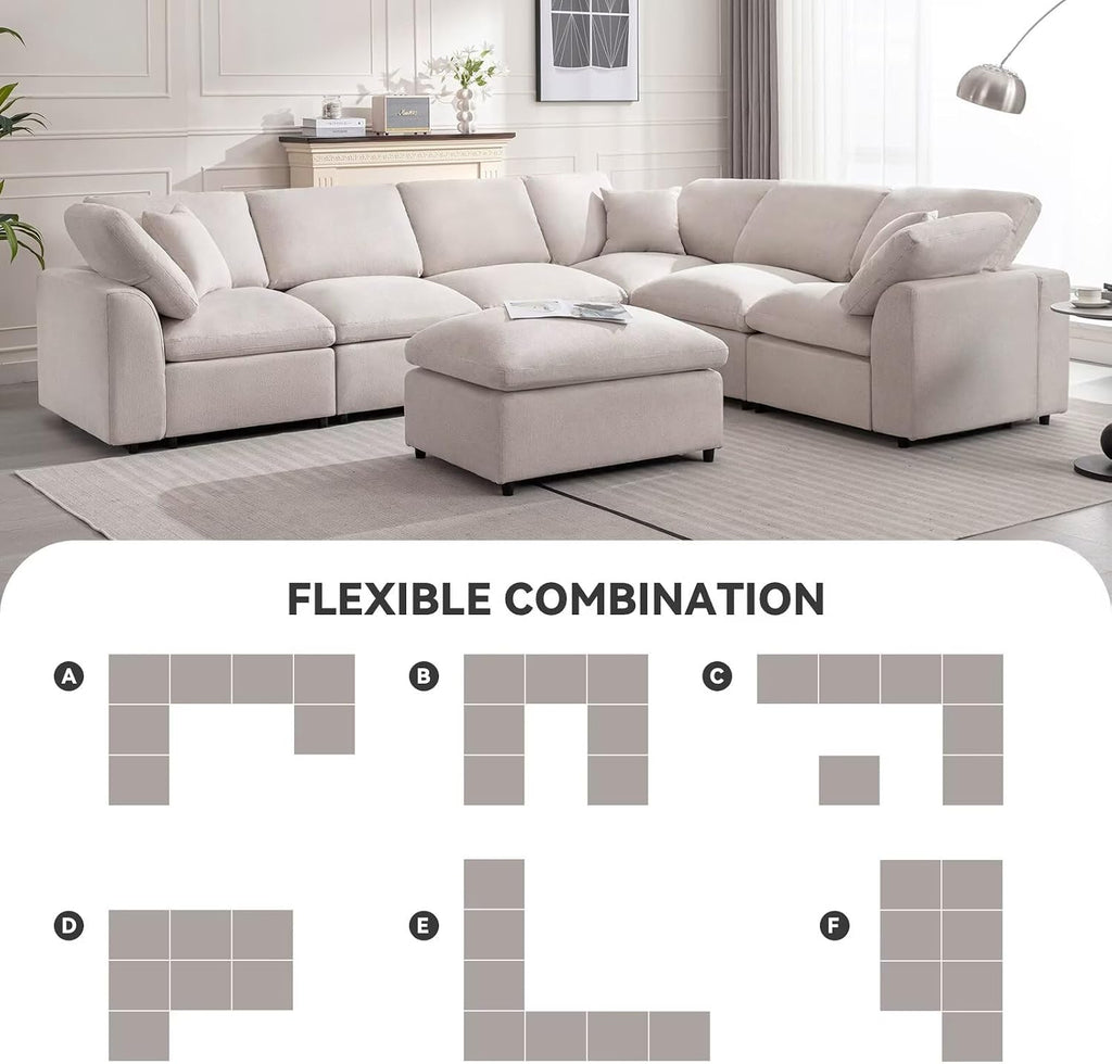 Siiejia Cloud Couch Modular Sectional Sofa Modern Oversized Couches with Ottoman 7 Seater L-Shaped Sofas Comfy Couches for Living Room Spacious Space Apartment Lounge, Cream
