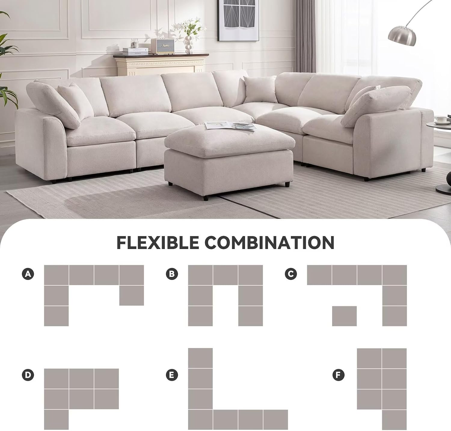 Siiejia Cloud Couch Modular Sectional Sofa Modern Oversized Couches with Ottoman 7 Seater L-Shaped Sofas Comfy Couches for Living Room Spacious Space Apartment Lounge, Cream
