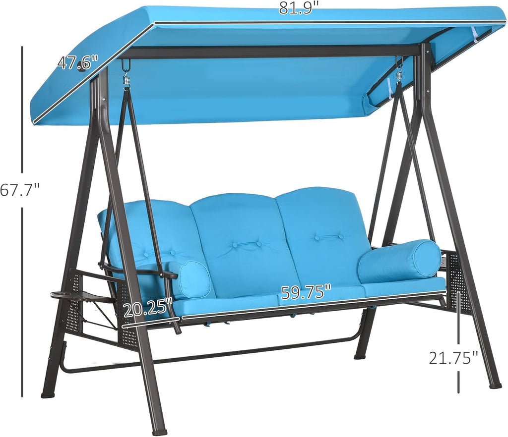Outsunny 3-Seat Patio Swing Chair, Outdoor Porch Swing Glider with Adjustable Canopy, Removable Cushion, Pillows and Side Trays, for Garden, Poolside, Backyard, Blue
