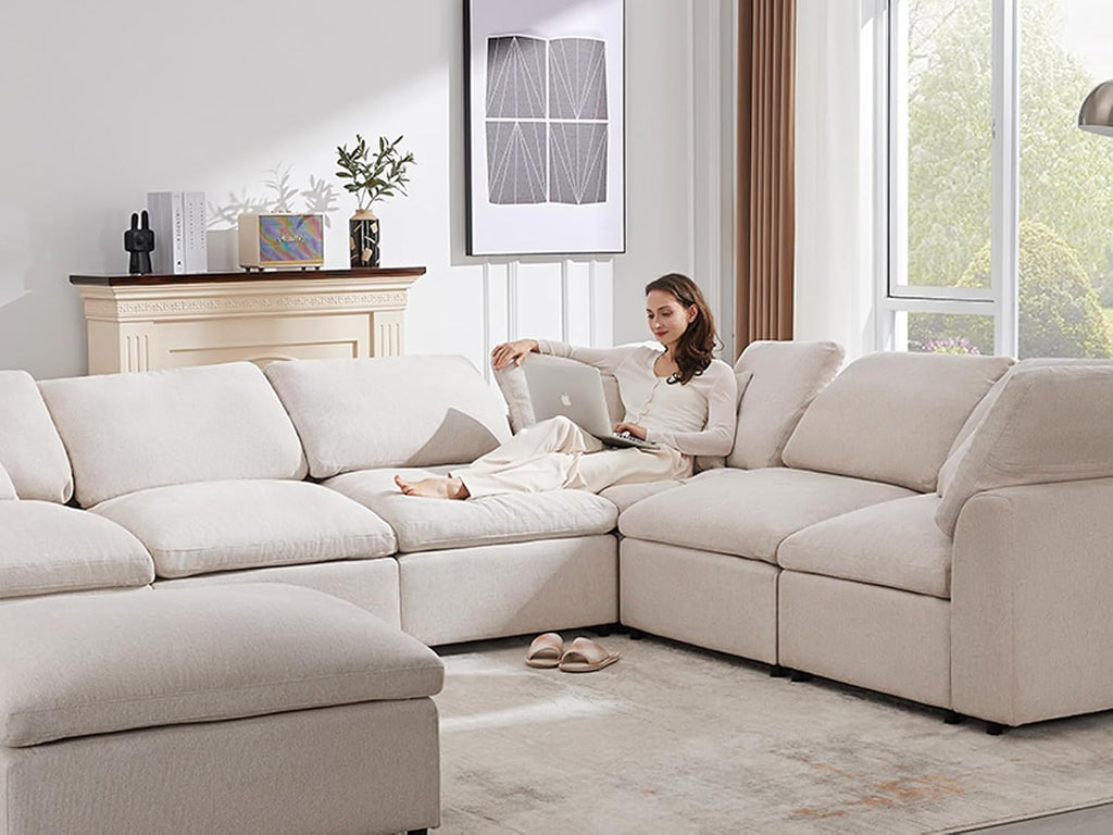 Siiejia Cloud Couch Modular Sectional Sofa Modern Oversized Couches with Ottoman 7 Seater L-Shaped Sofas Comfy Couches for Living Room Spacious Space Apartment Lounge, Cream