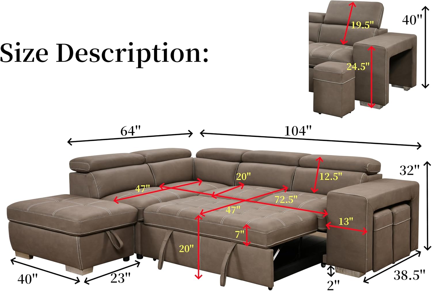 THSUPER 104'' Microfiber L Shaped Sectional Sleeper Sofa Couch with Pull Out Bed and Storage Ottoman, Convertible Couches with Adjustable Headrest for Living Room, Left Facing Chaise. Light Brown