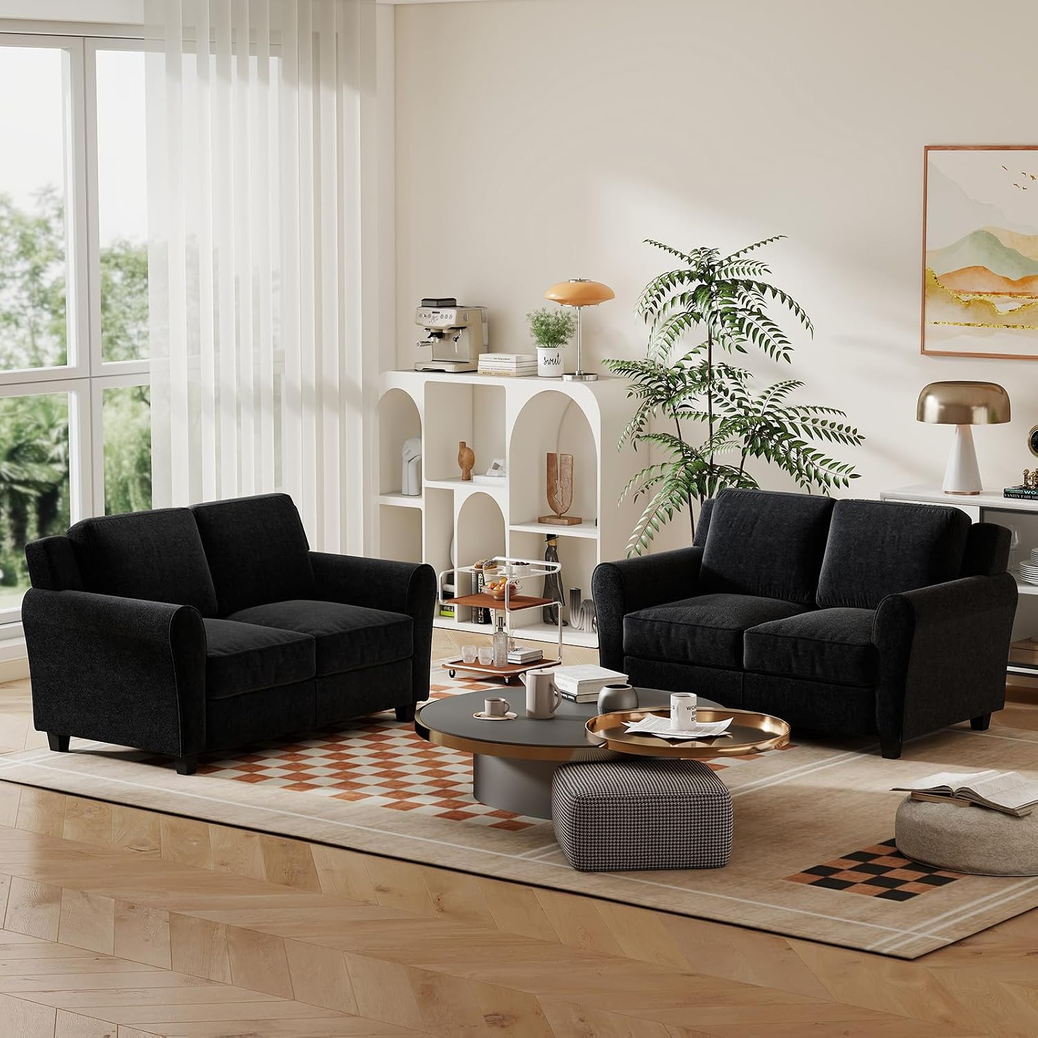Bonzy Home 2 Piece Sofa Set, 2-Seater Sofa Couch Set of 2, Modern Comfy Sofa with Thick Cushion for Living Room Apartment Office, Black
