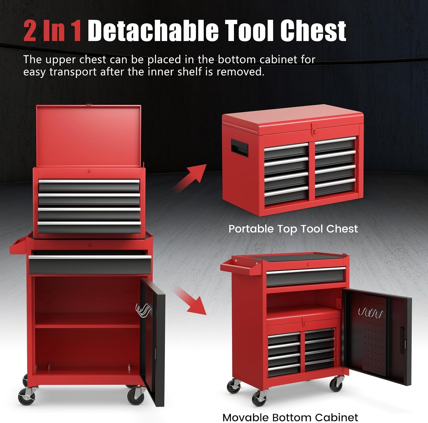 Goplus Tool Chest, 5 Drawers Rolling Tool Cabinet with Detachable Top Toolbox, Universal Lockable Wheels, Lock Bar, Protective Liner & Tool Rack, Metal Tool Storage Cart, Tool Box for Garage Workshop