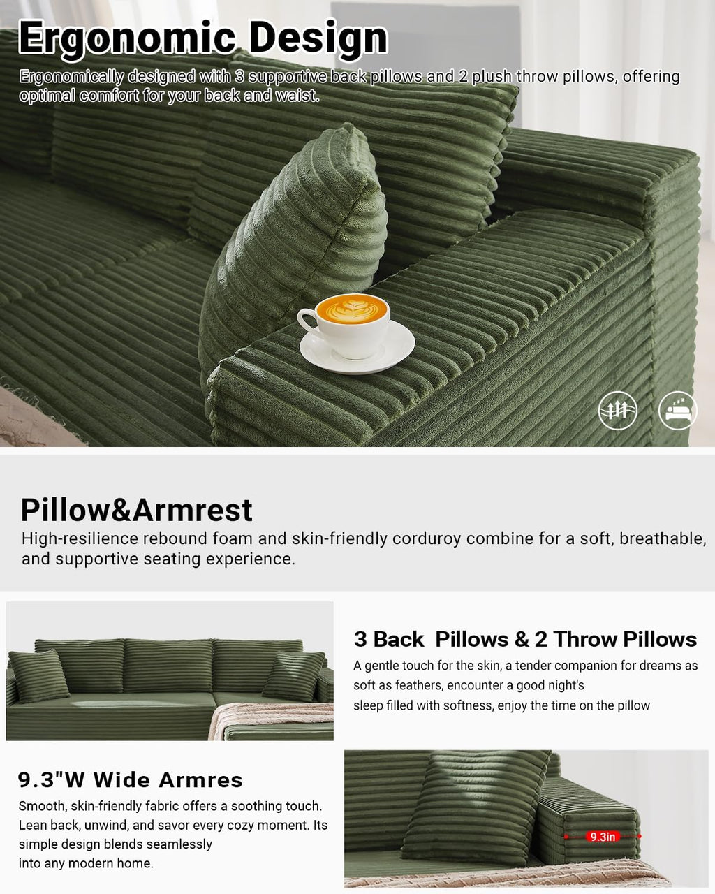 105 Inch Cloud Sectional Couch,Modern Modular Sectional Sofa with Deep Seat,Corduroy Boneless Couches with L-Shape Chaise for Living Room Bedroom,No Assembly Required (Green, Right Facing Chaise)