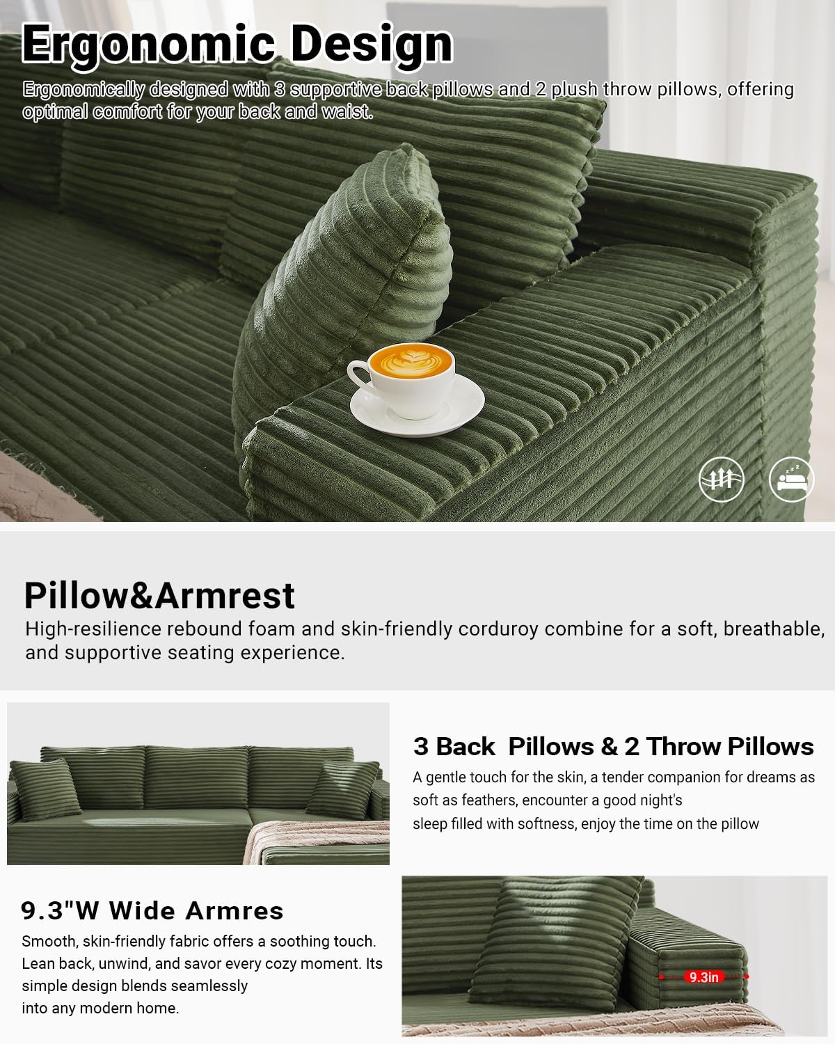 105 Inch Cloud Sectional Couch,Modern Modular Sectional Sofa with Deep Seat,Corduroy Boneless Couches with L-Shape Chaise for Living Room Bedroom,No Assembly Required (Green, Right Facing Chaise)