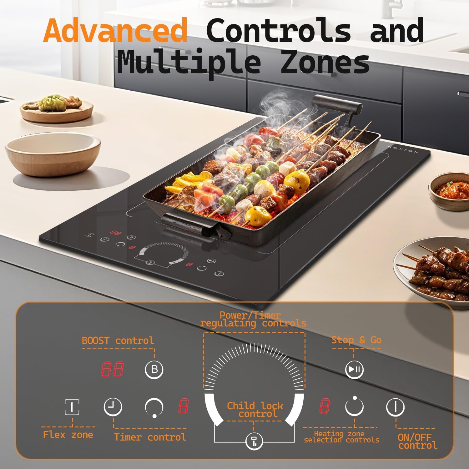 Noxton Double Induction Cooktop, 2 Burners Electric Cooktop, Upgraded Induction Stovetop with Flex Zone, Power Boost, 9 Power Levels, 3500W, Child Safety Lock, Timer, 220-240V Hard wire, 12 Inch